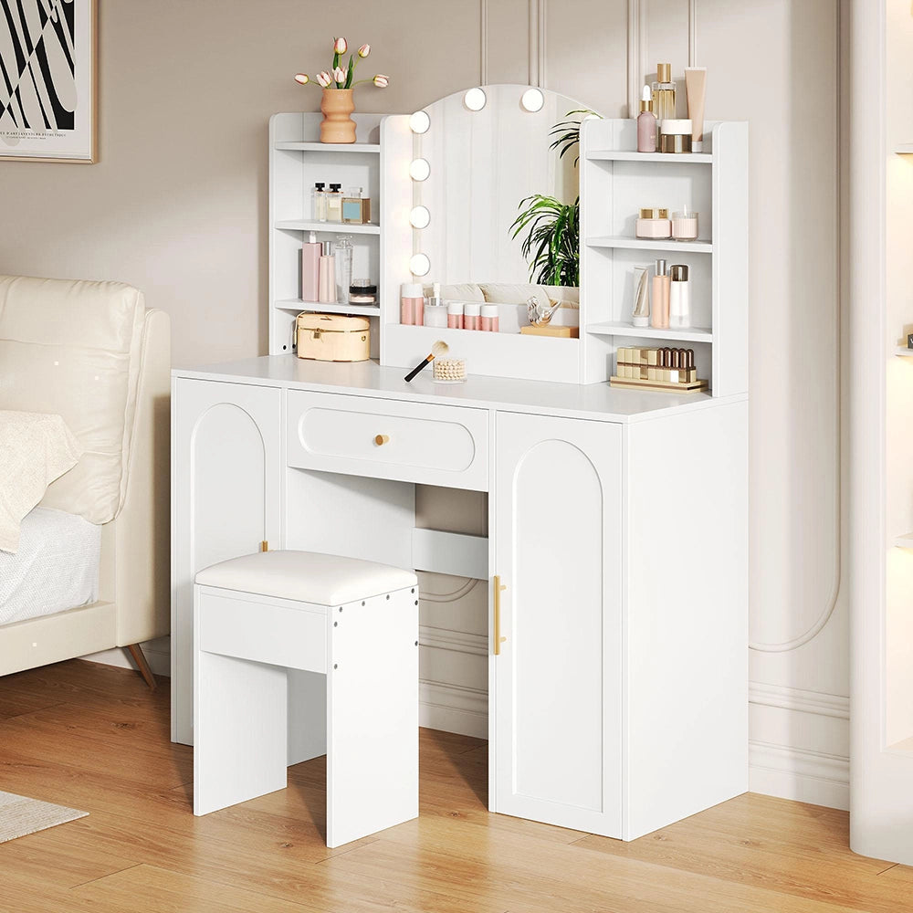 Toilette grande con illuminazione LED regolabile, specchio e sgabello - Xylo - 110x40x132 cm, bianco, 1 cassetto e 2 ante