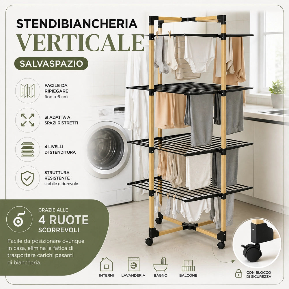 Stendibiancheria a Torre Verticale Pieghevole a 4 Livelli 69x175x69cm con Ruote