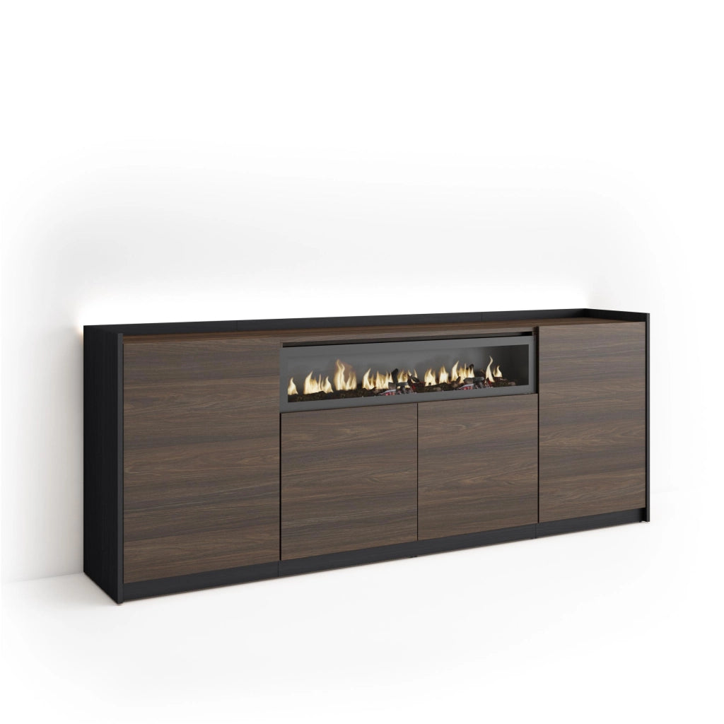 Credenza, Mobile, Cucina, 207x80x37 cm, 4 Porte, Camino elettrico, LED, Rovere scuro e Nero