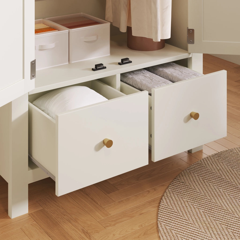 Armadio con intreccio in rattan, 2 ante, 2 cassetti e appendiabiti, stile country, bianco, 181 × 78 × 45 cm