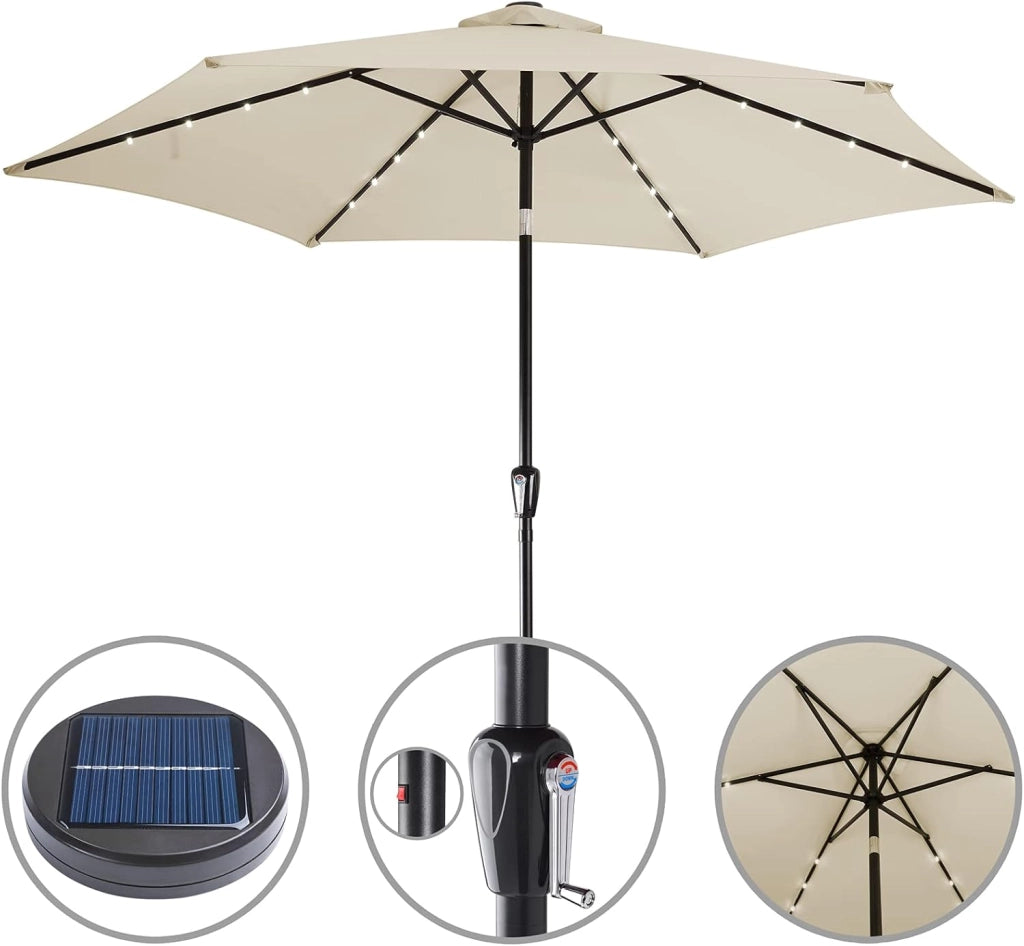 Ombrellone da Giardino 24 luci LED Ø270cm Manovella Ombrelloni Terrazza Parasole Protezione Uv 80+ Crema