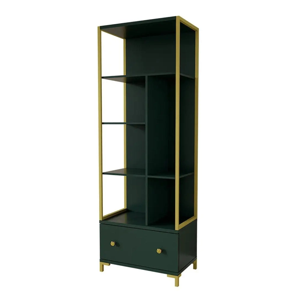 Libreria collezione DOUGLAS colore verde con numerosi vani e finiture dorate, 70 x 200 x 42 cm