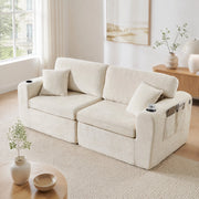 Divano relax 2 Posti con USB, tasca laterale, portabicchieri e cuscini, in Chenille, Beige