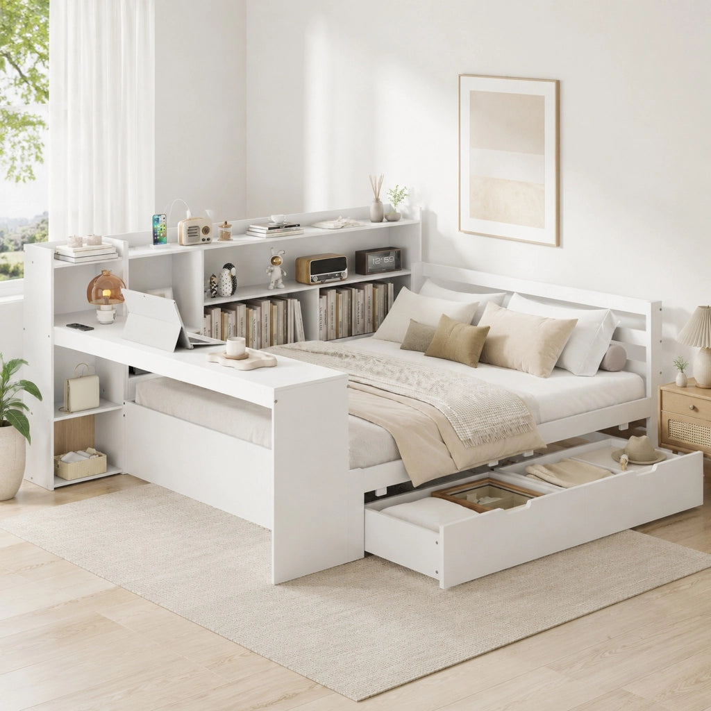 DIVANO LETTO Multifunzionale 140x200 cm Legno Bianco con scrivania e presa