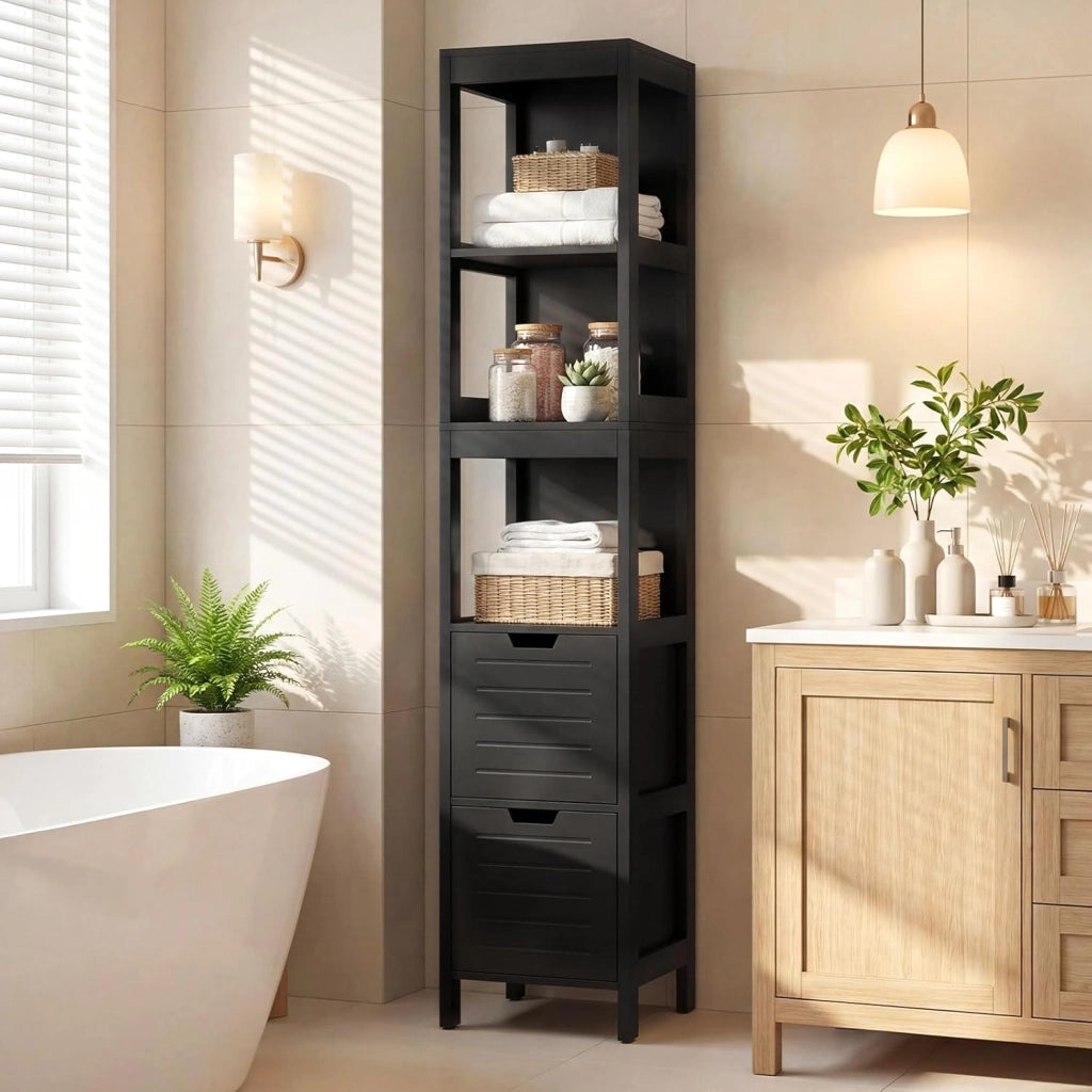 Mobiletto Alto e Stretto Salvaspazio, Mobile da Bagno con 2 Cassetti e 3 Ripiani, Mobiletto in Legno per Camera da Letto, Soggiorno e Ingresso, 30,5 x 30,5 x 145 cm (Nero)