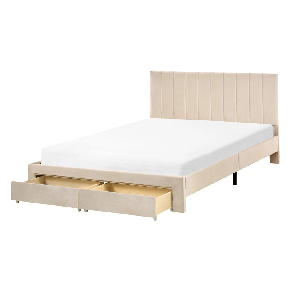 Letto matrimoniale 140 x 200 cm Beige Rivestimento in velluto 4ft con cassetti Testiera Base a doghe Moderno