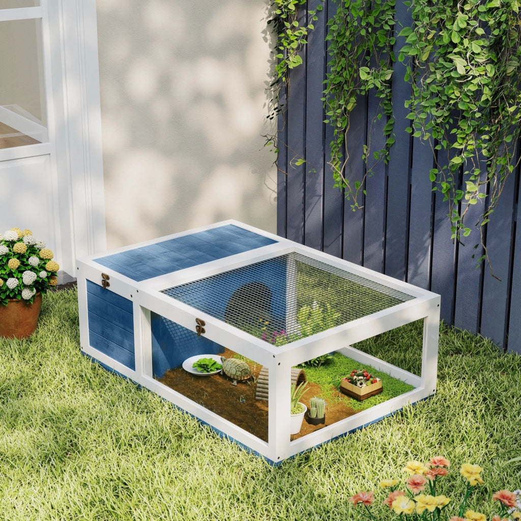 Casetta per tartarughe in legno con tetto apribile ¨C zephmum ¨C 91x60.5x32 cm, blu