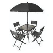 Trade Shop - Set Giardino Sharm Tavolo Con Ripiano Vetro 70x70cm 4 Sedie Pieghevoli Ombrellone Parasole - Nero