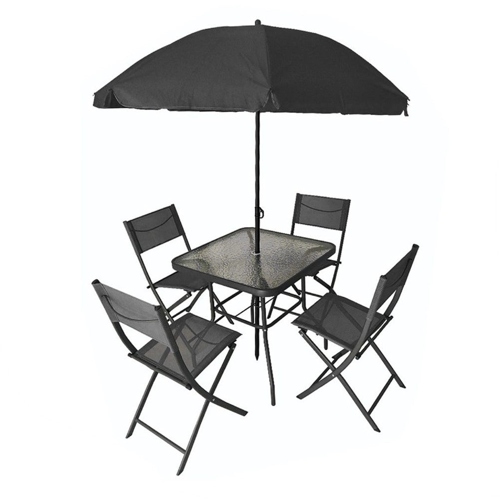 Trade Shop - Set Giardino Sharm Tavolo Con Ripiano Vetro 70x70cm 4 Sedie Pieghevoli Ombrellone Parasole - Nero