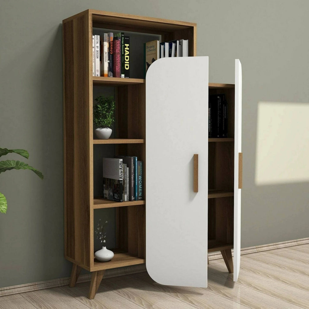 Credenza Tormalina, Buffet da soggiorno, Madia da salotto, Dispensa da cucina, 90x32h132 cm, Noce e Bianco