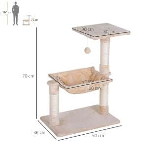 Albero tiragraffi per gatti con amaca in peluche, piattaforma e pali in sisal, beige, 50 x 36 x 70 cm