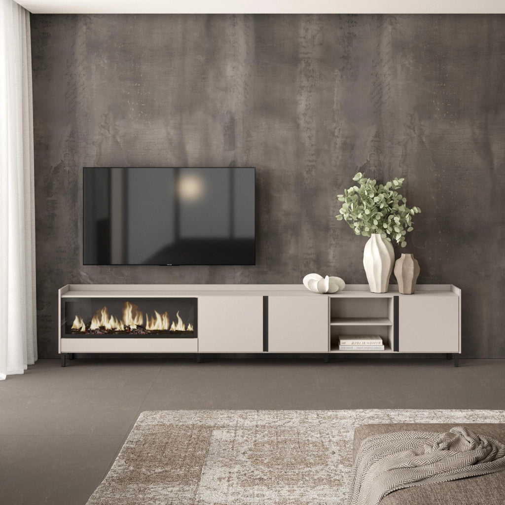 Mobile TV Soggiorno, 315x61x35 cm, Per TV fino a 80", Camino elettrico XXL, Design industriale, Beige