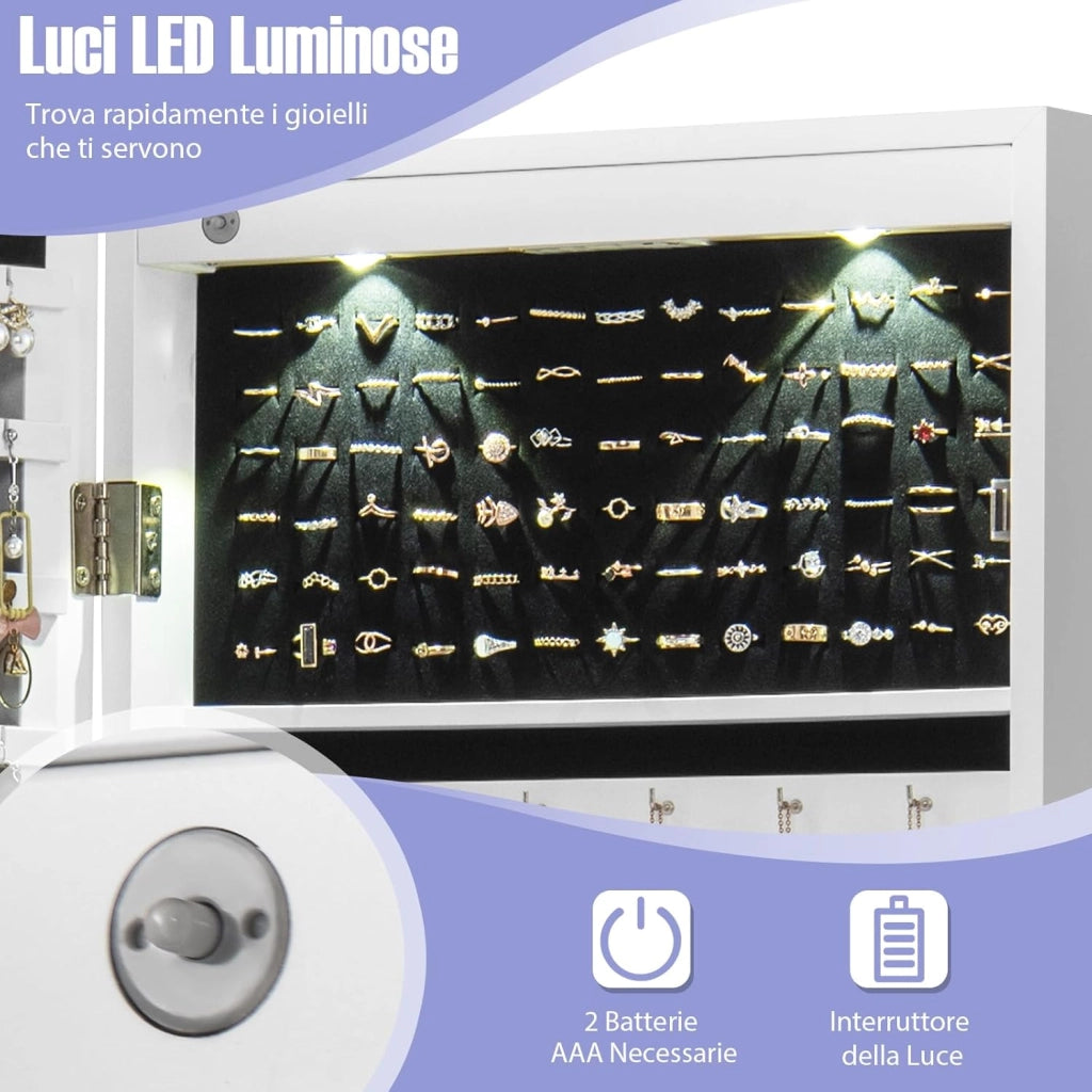 Armadio per Gioielli con 2 luci LED, con Specchio a Figura, Organizer Montato al Muro con Ganci Regolabili per Appendere, Armadio Portagioie per Truccarsi (Bianco)