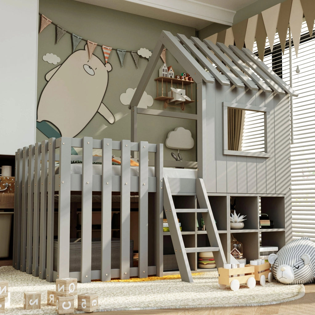LETTO Casetta 90x200 cm Legno massello Grigio