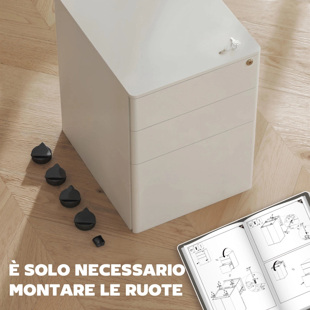Cassettiera da Ufficio 3 Cassetti ¨C Xylo ¨C Acciaio Bianco con Serratura e Rotelle 39x48x59cm