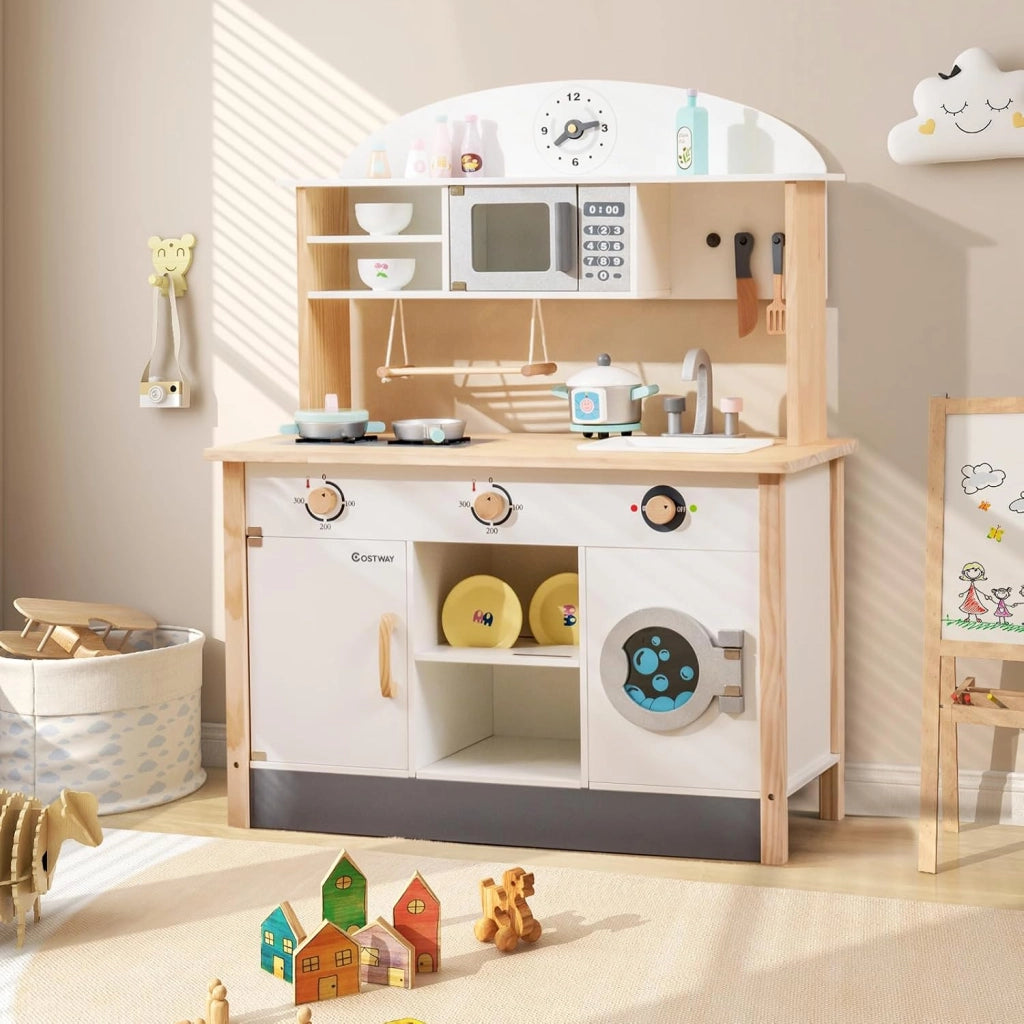 Cucina Giocattolo per Bambini in Legno, Set da Cucina per Bambini con Forno a Microonde, Accessori Vari per Cucinare, per Bambini 3 Anni +, TM-70, Bianco
