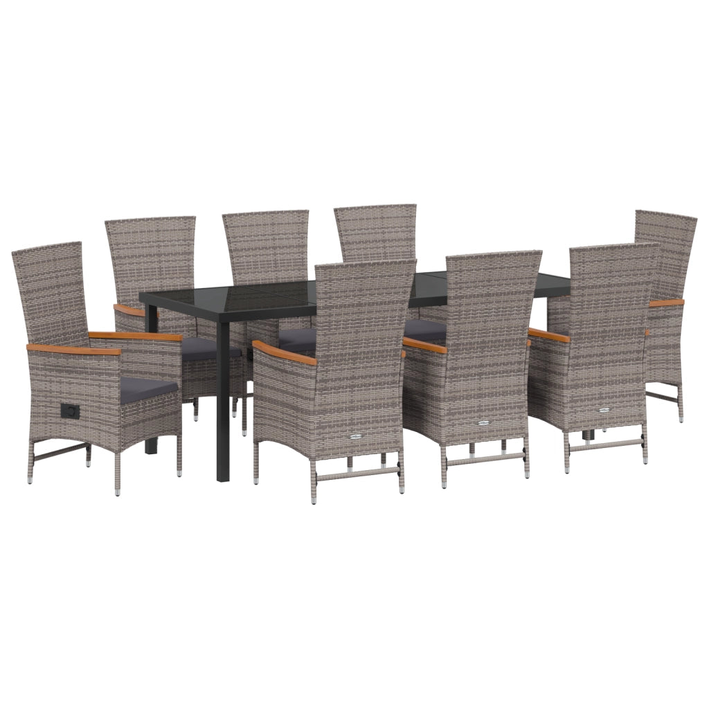 Set da Pranzo da Giardino 9 Posti con Cuscini Grigio Rattan Poliestere