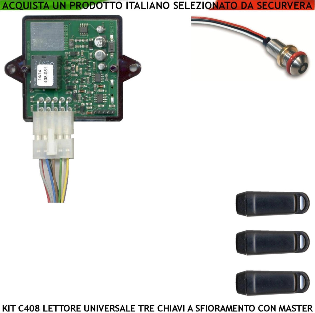 Chiave Key Bit Induttiva Kit Elaboratore C408 Lettore Universale da Pannello 3 Chiavi Programmabili Codice Random 64 Bit 3 Miliardi di Combinazioni Sistema RFID 12/28 Vac Relè 10A 24V x Portachiavi