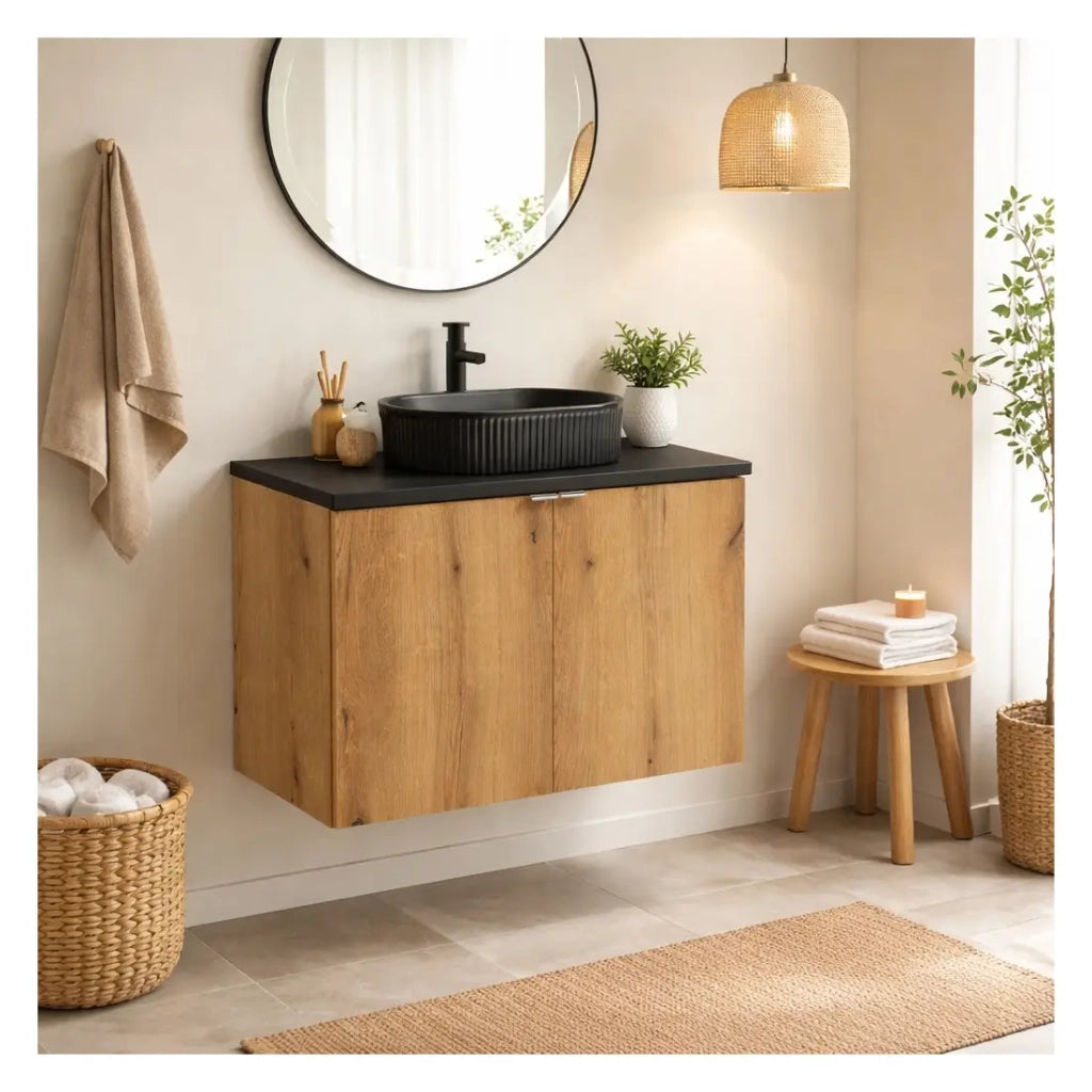 Set bagno sospeso VANO effetto rovere e nero 80cm: mobile sottolavabo con armadietti + piano per lavabo