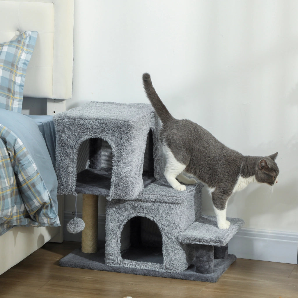 Scaletta per Gatti a 4 Gradini 60x34x77cm con 2 Casette e Tiragraffi Grigio