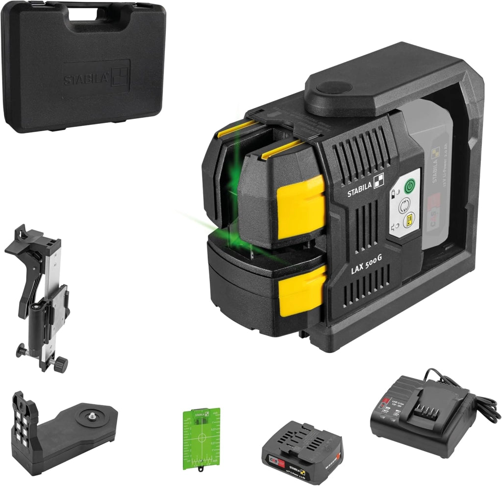 LAX 500 G Cross Line Laser Green 12 V Sistema autolivellante con punti a piombo Portata massima 40 m Batteria CAS e caricabatterie CAS (EU), base laser, montaggio a parete, piastra target