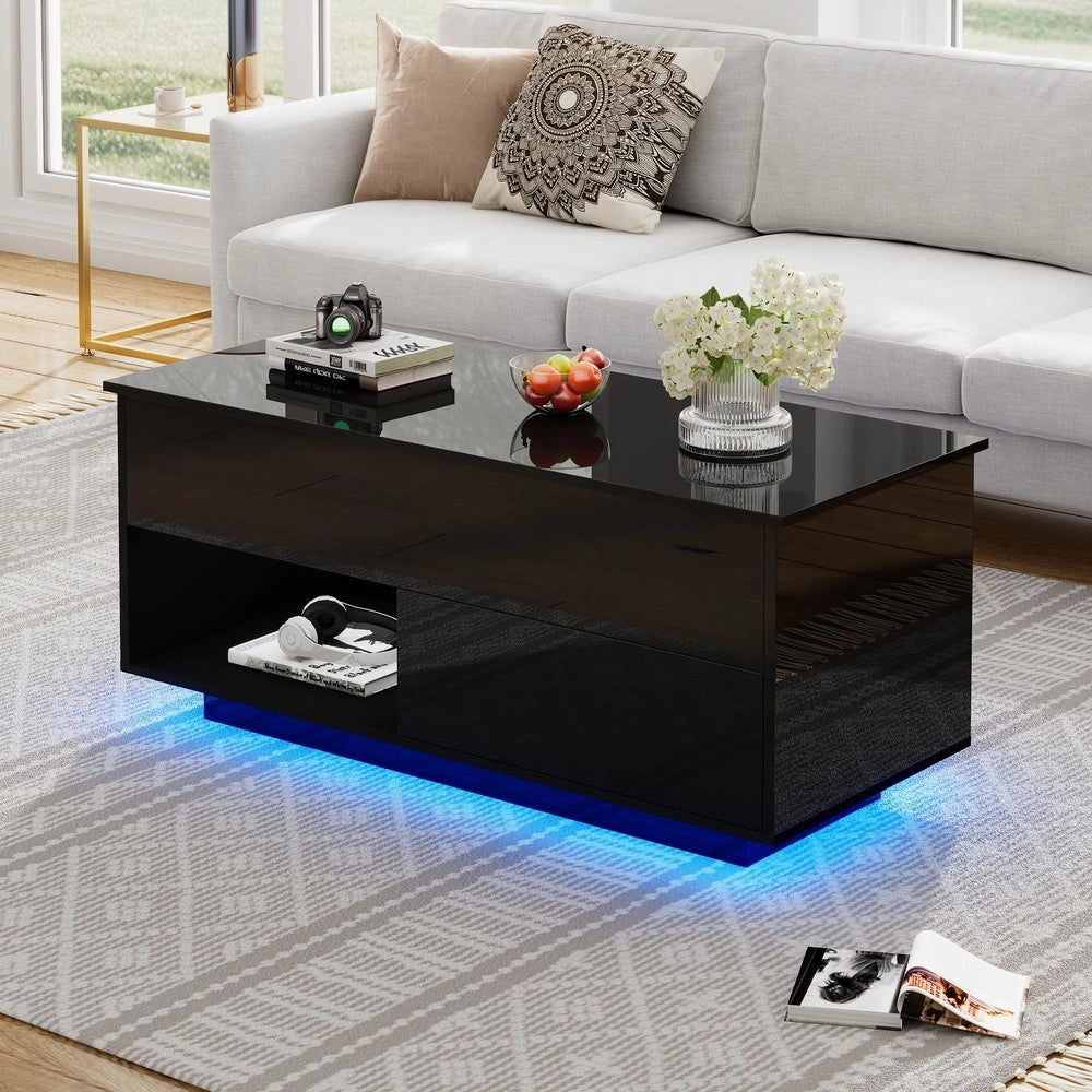 Tavolino da Caff¨¨ con LED e Piano Sollevabile ¨C MINIMAL ¨C Nero, 100x50x55 cm
