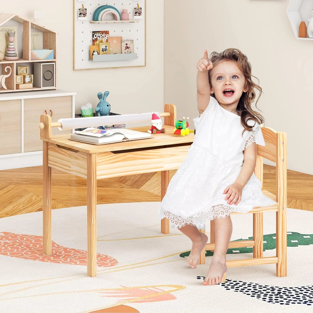 Set Tavolo e Sedia d’Arte per Bambini 3+ Anni, Scrivania in Legno di Pino da Disegno con Portarotolo, Piano Ribaltabile & Vano Portaoggetti, Rotolo di Carta (10m) e 2 Pennarelli (Naturale)