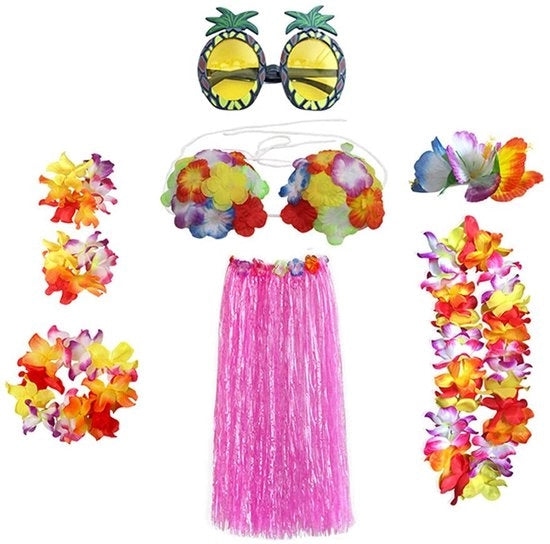 Set di costume hawaiano da 8 pezzi - calze - bracciali fiorali - collana fiorale - spilla per capelli hibiscus - occhiali da sole ananas - cordino elastico - tema costume