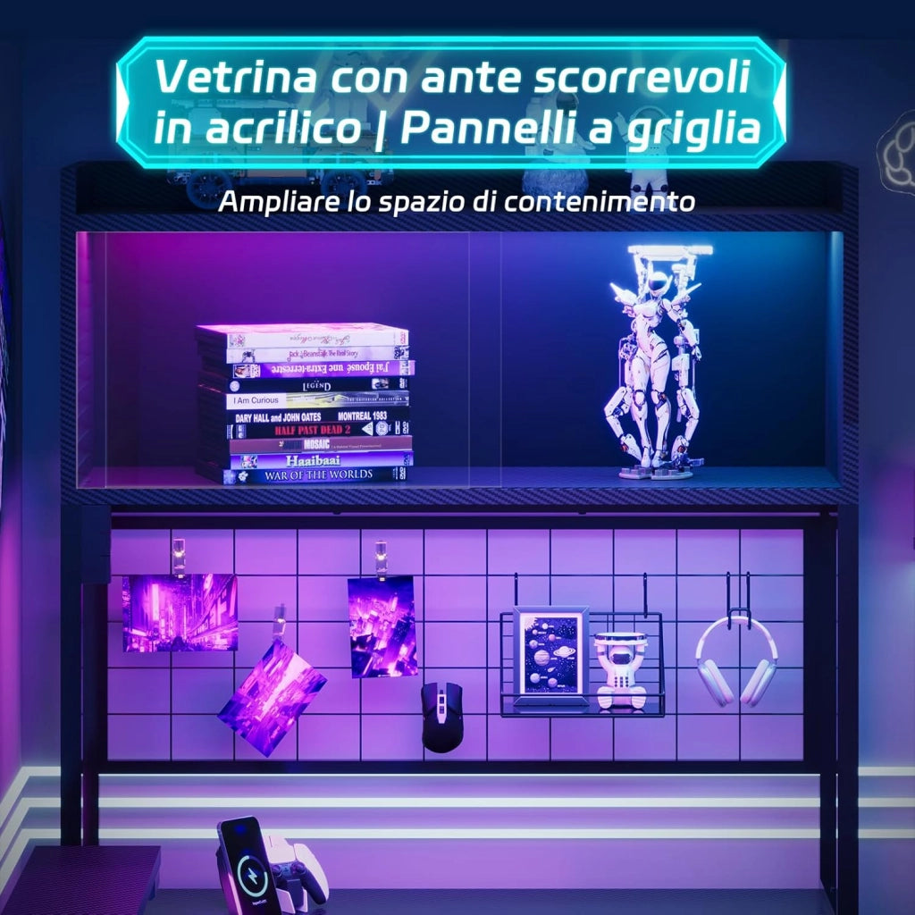 Scrivania Gaming con Luci LED e Presa Elettrica, 115_x_90_cm Scrivania Angolare a L con Mensola, Pannello a Griglia, 3 Cassetti e Supporto Monitor per Giocatori, Nero