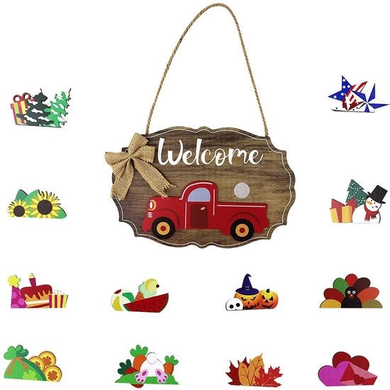 Benvenuto Pannello Houten Camioncino - 12 Simboli Interchangeabili - Decorazione Esterna - Facile da Appendere - Ideale per Veranda - Pannello di Benvenuto