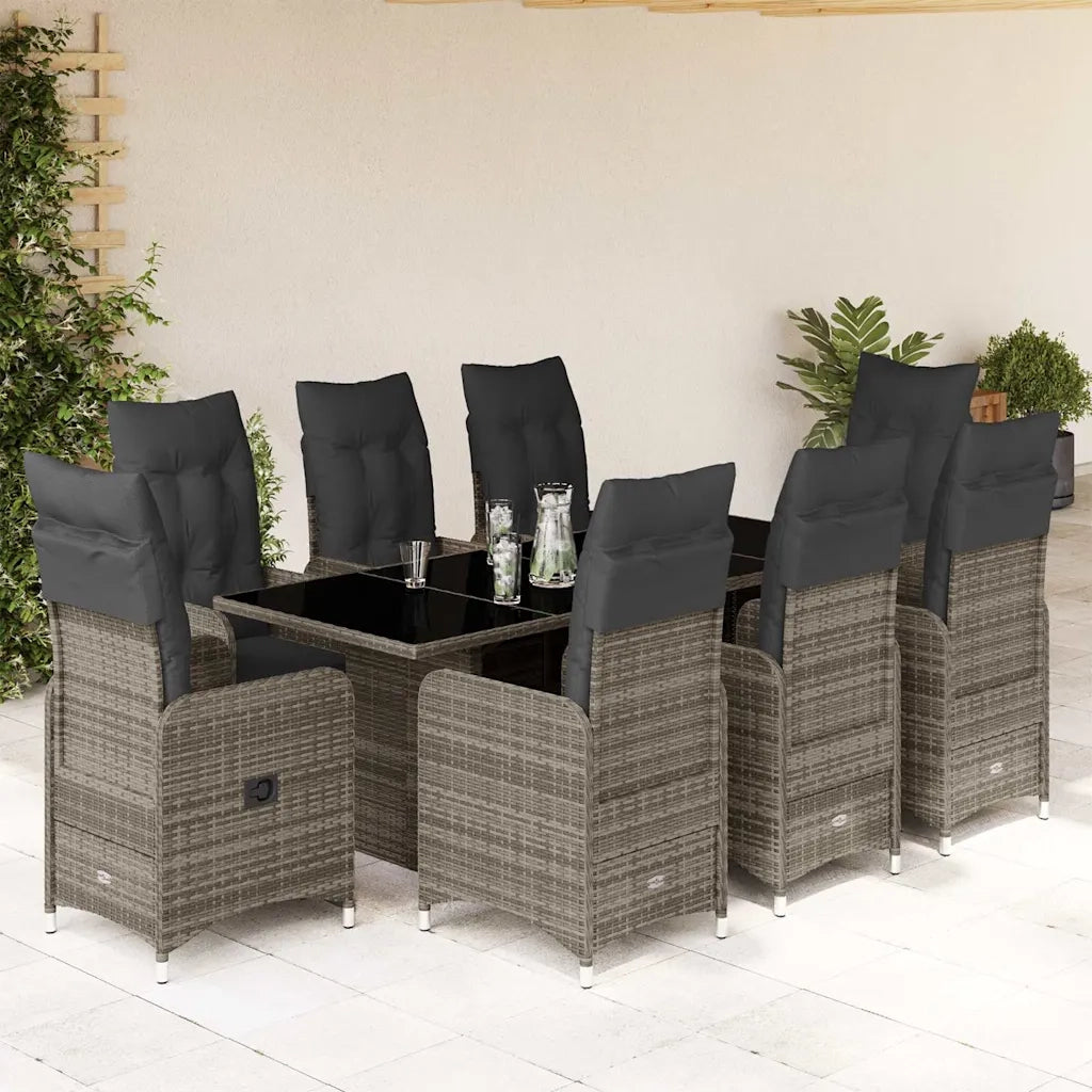 Set BistrÃ² da Giardino 9 pz con Cuscini in Polyrattan Grigio