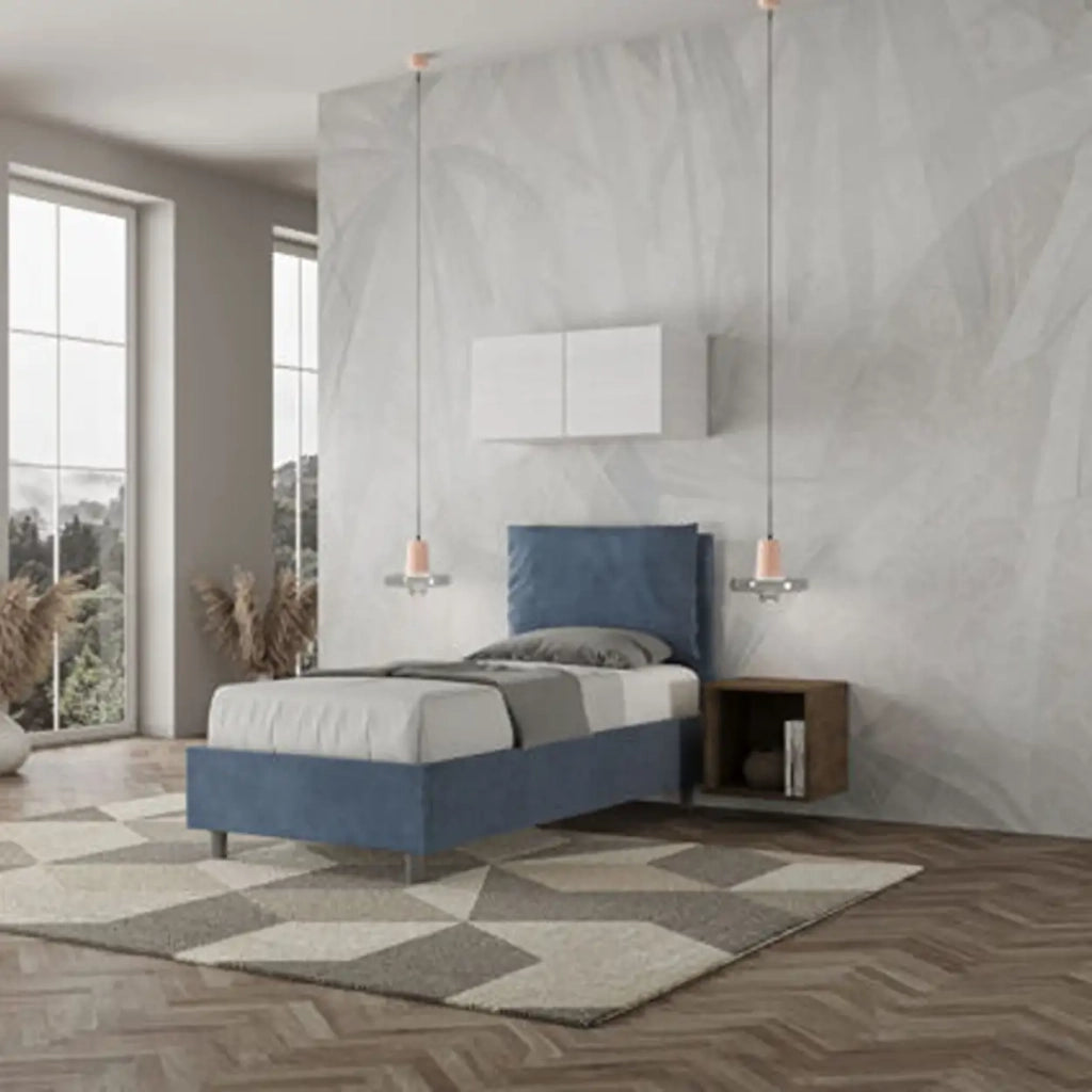 Letto singolo con rete imbottito 80x200 microfibra blu Antea