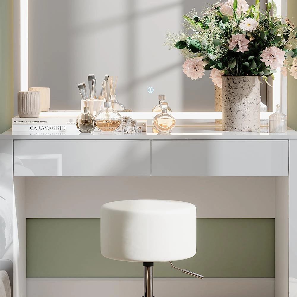 Tavolo da toilette Annabelle, Bianco lucido/bianco, 110 cm con specchio LED e sgabello, Tiene sempre a portata di mano i prodotti di uso quotidiano