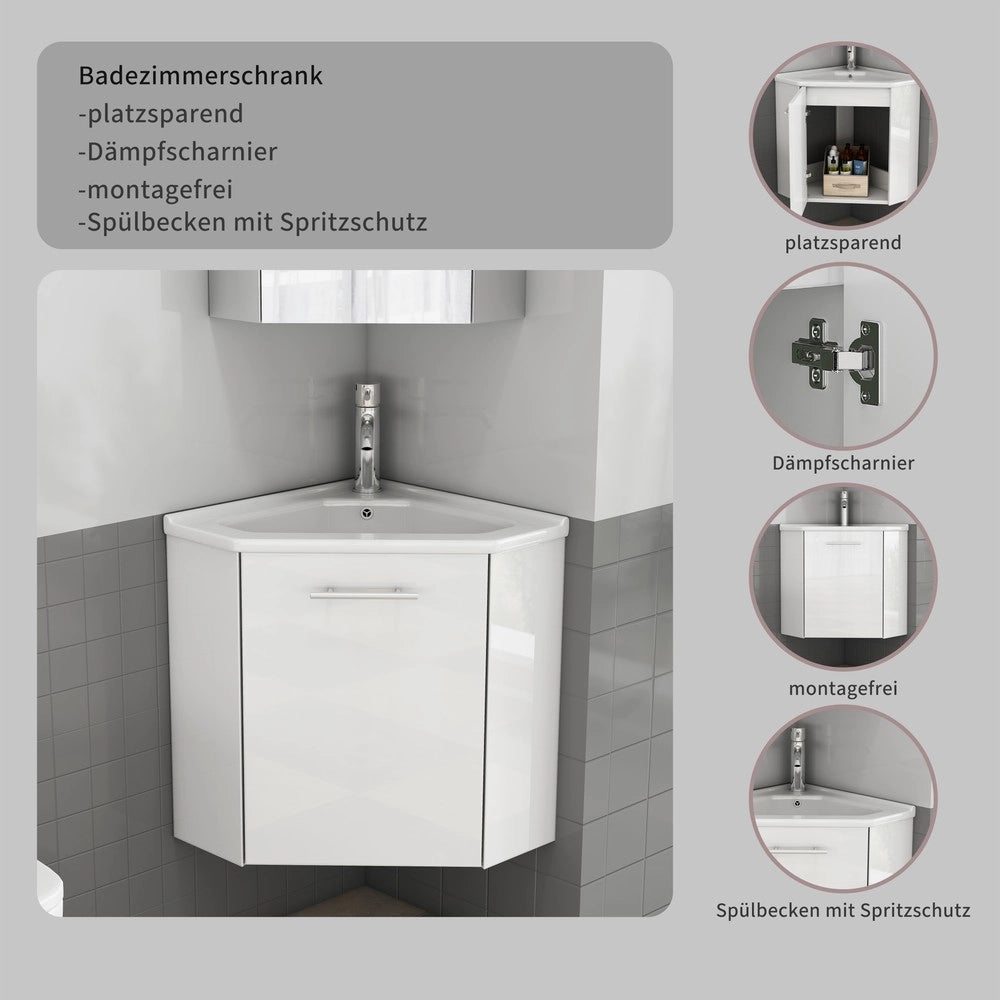 Mobiletto angolare per bagno con lavabo ¨C Minimal ¨C bianco lucido, 60x60x85 cm