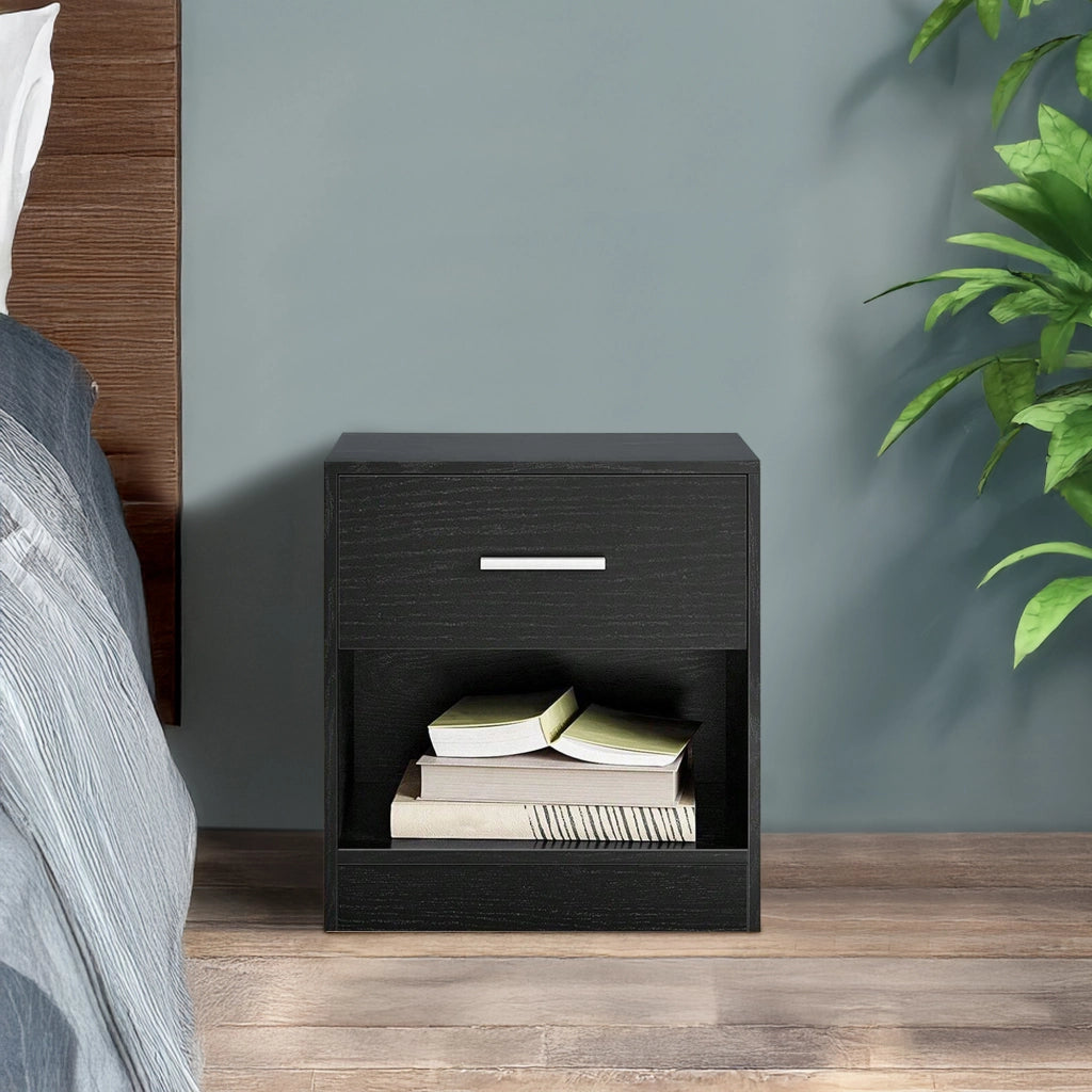 Comodino Moderno Cassetto Con Maniglia E Scomparto Aperto Camera Da Letto Portalibri Oggetti Mensola Libreria  - Nero