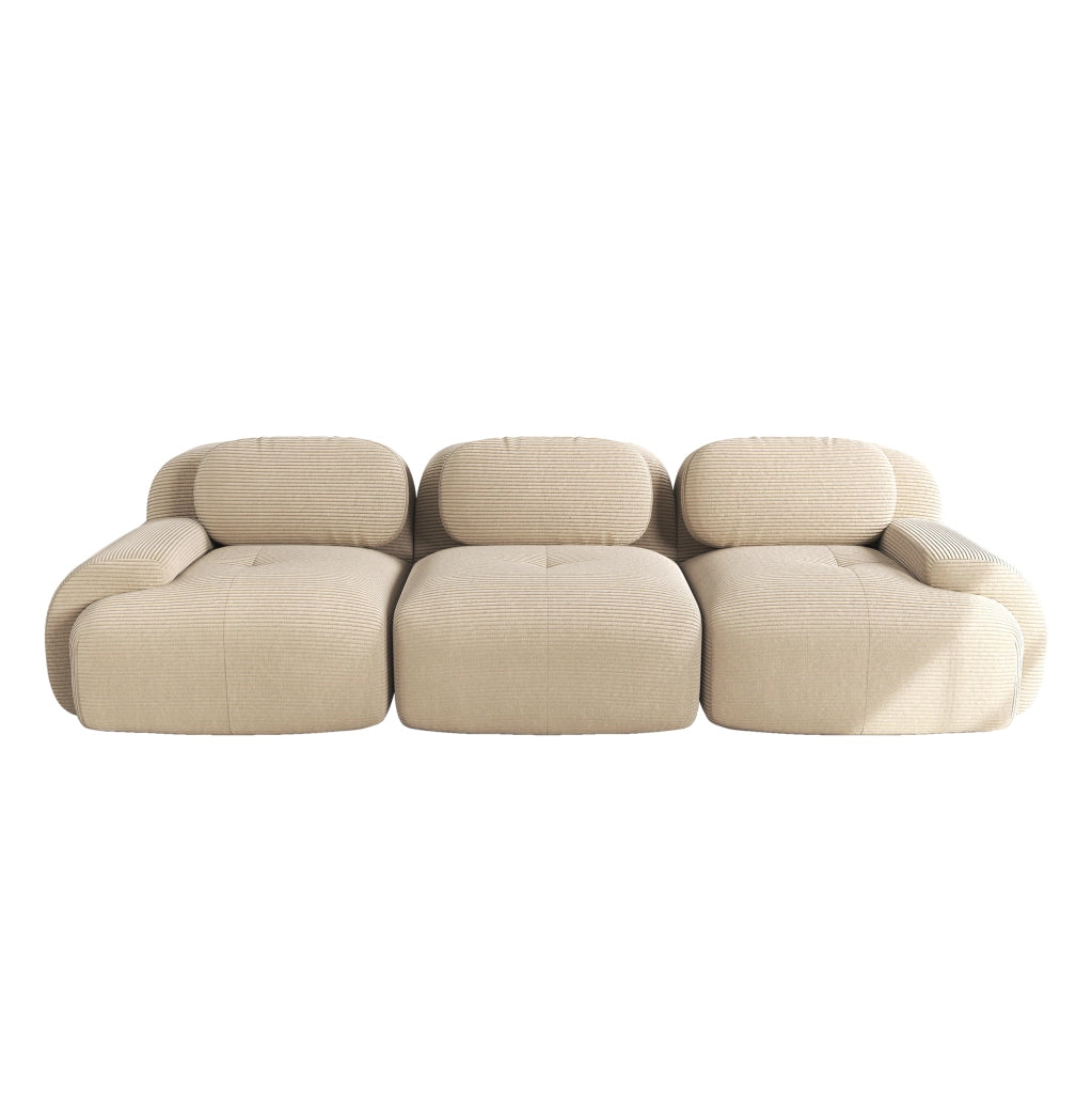 divano angolare modulare 3 posti senza struttura con base antiscivolo e braccioli curvi in velluto a coste beige