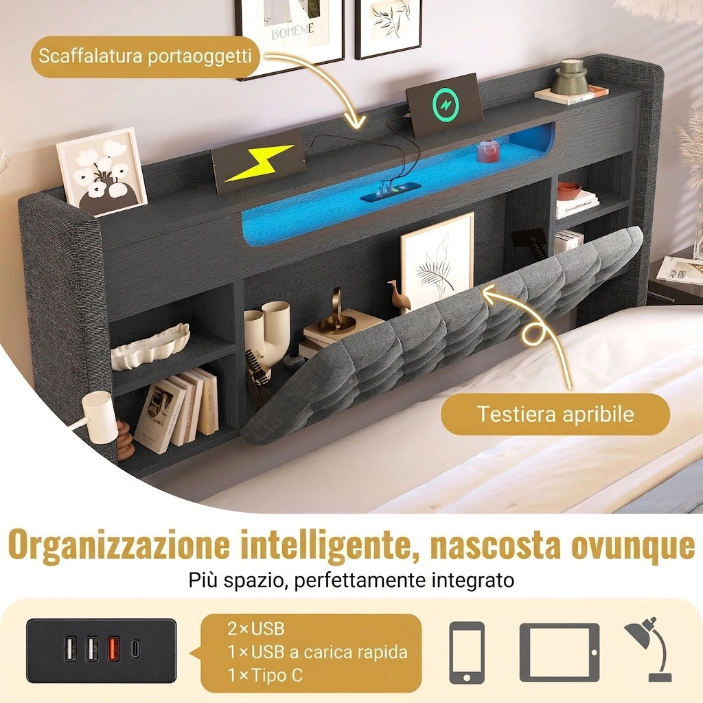 Letto contenitore 140x200 con LED e prese USB; in lino; grigio