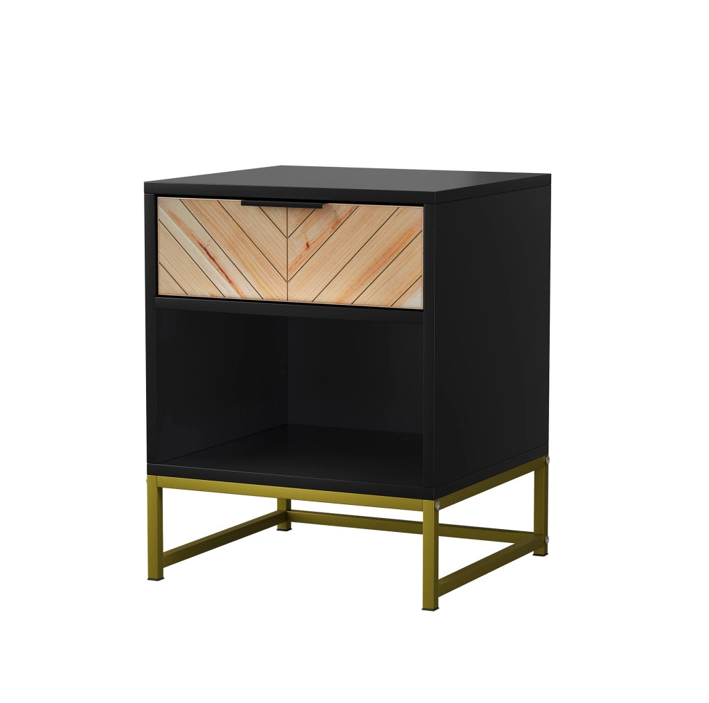 Comodino moderno in MDF nero e naturale con cassetto