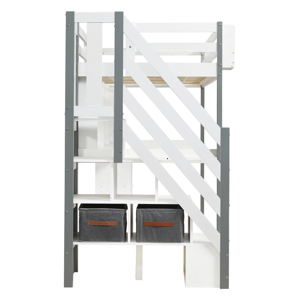 Letto a Soppalco 90x200 cm - Scala Laterale; Scrivania; Libreria e Armadio - Bianco
