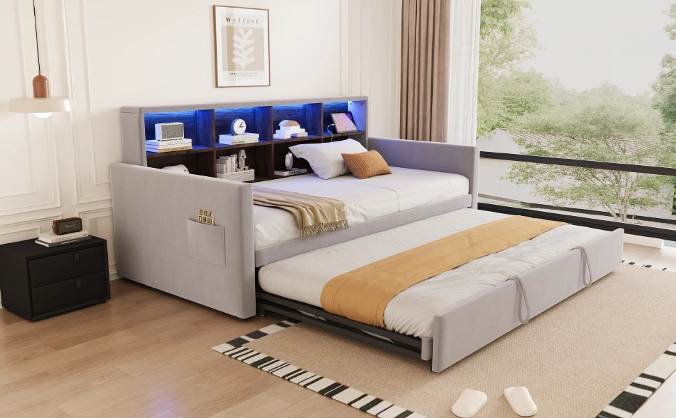 DESMIU Letto estraibile 90 × 190 cm 2 posti con LED, prese USB e Type-C, vano contenitore, senza materasso, in velluto, grigio chiaro