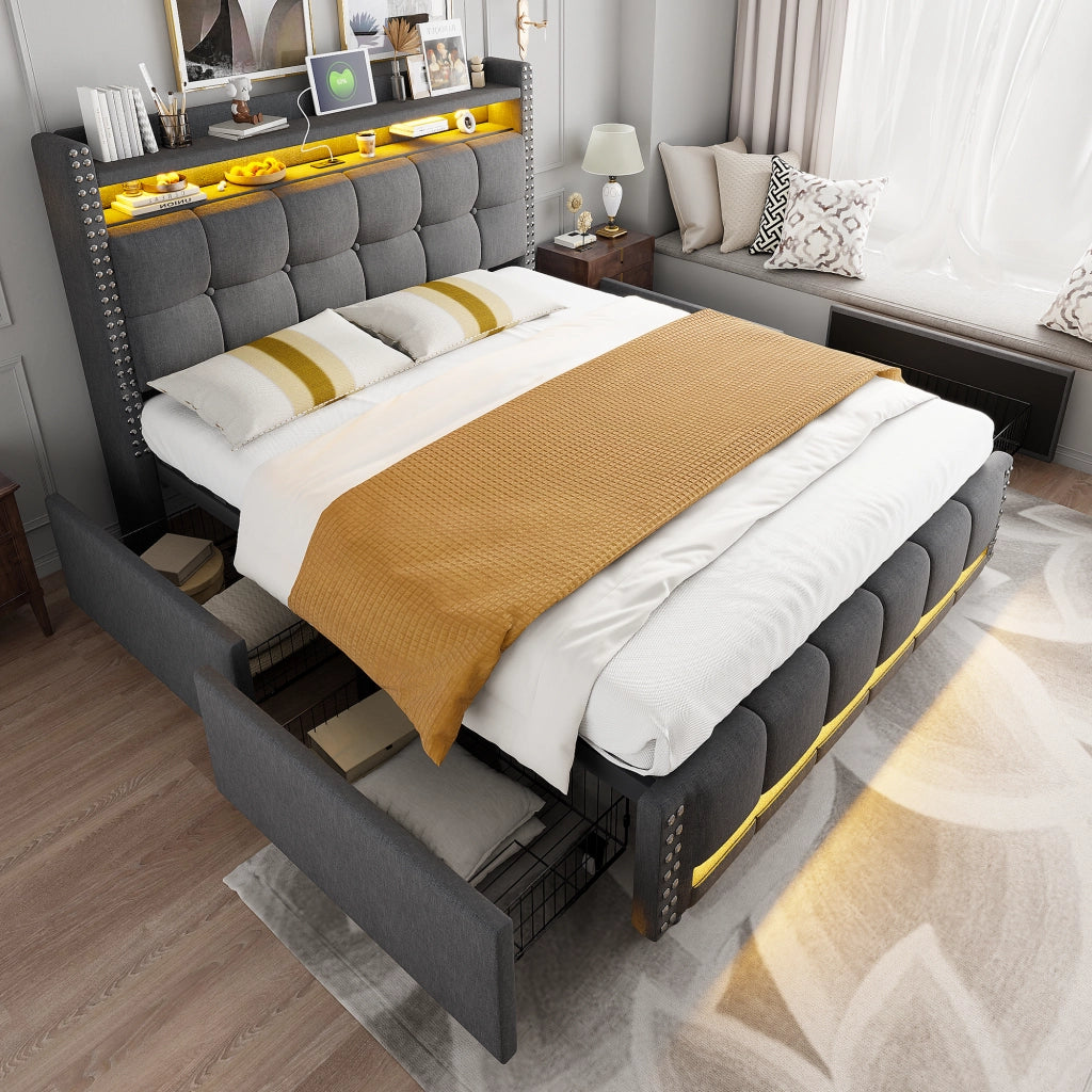 OKWISH Letto con Cassetti Letto Matrimoniale 160×200 cm con LED Regolabile, USB, Tipo C e Mensole, senza Materasso, in Tessuto Grigio