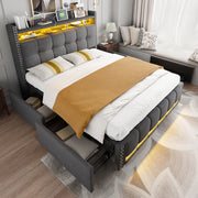 OKWISH Letto con Cassetti Letto Matrimoniale 160×200 cm con LED Regolabile, USB, Tipo C e Mensole, senza Materasso, in Tessuto Grigio