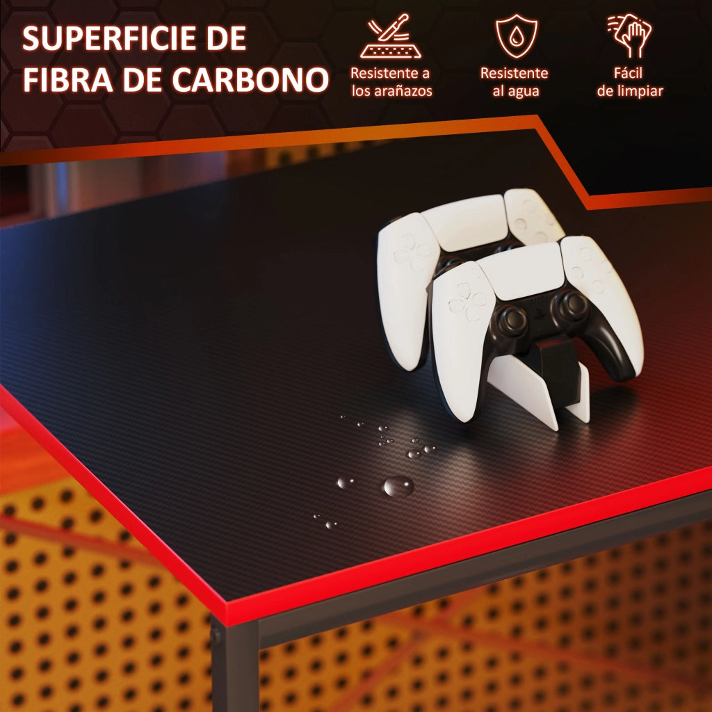 Scrivania Gaming con LED e Prese ¨C Xylo ¨C Fibra di Carbonio Nero 110x50 cm