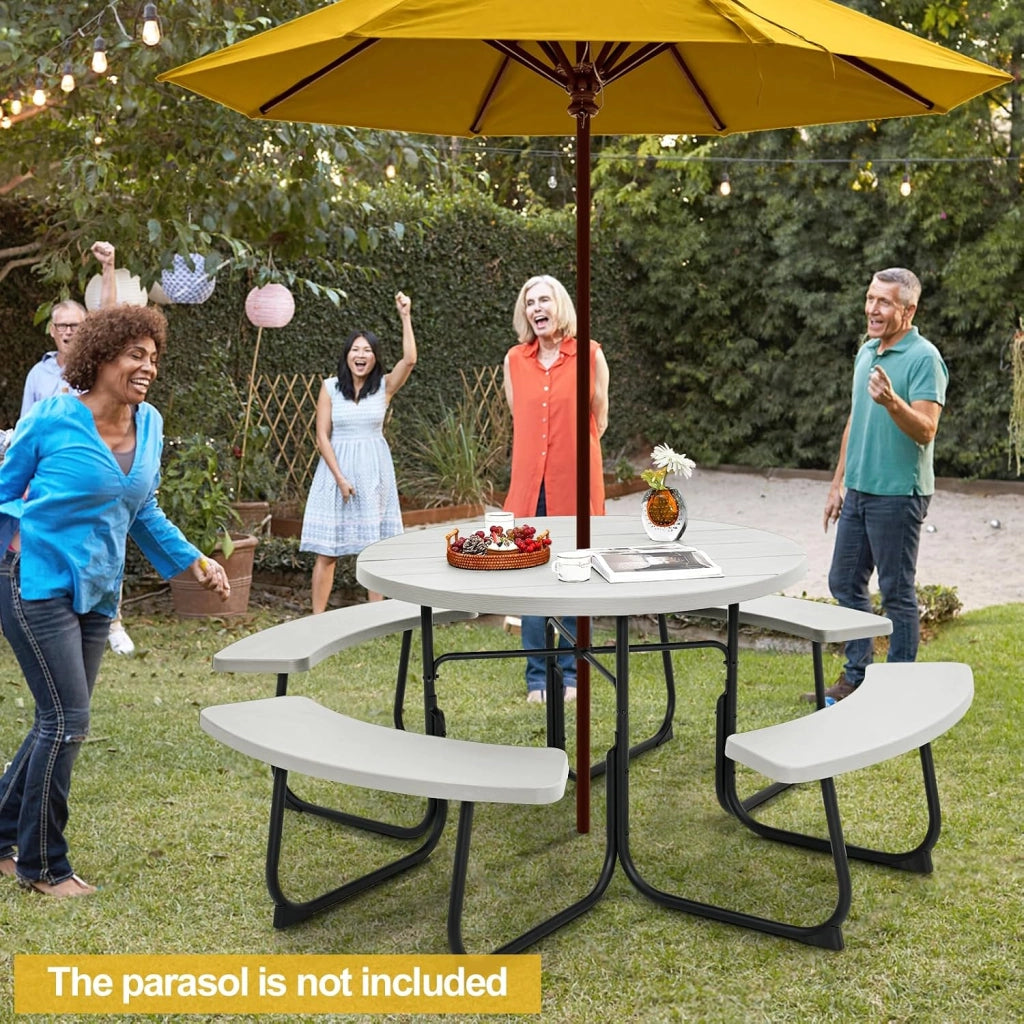 Set di Tavolo da Picnic Rotondo per 8 Persone, Set di Sedie e Tavolo con Foro per Ombrellone, Mobili da Giardino con 4 Panche, in HDPE e Metallo, φ190 x 76 cm (Bianco)