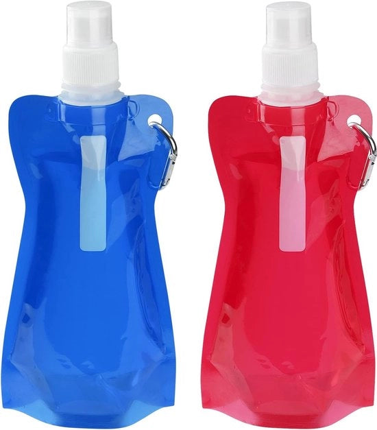 Set di 2 Bicchieri Collapsabili, Bicchieri Riciclabili da 500 ml con Anello di Caribiniera per Escursioni, Viaggi e Avventura (Rosso e Blu)