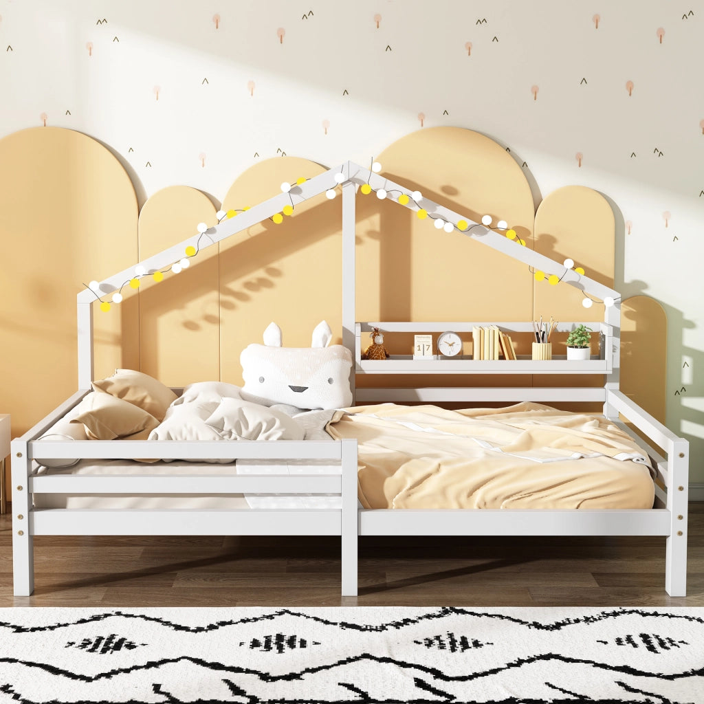 DESMIU Letto a Casetta per Bambini 1 Posto con Mensola e Barriera 90 × 200 cm, Senza Materasso, in Pino, Bianco
