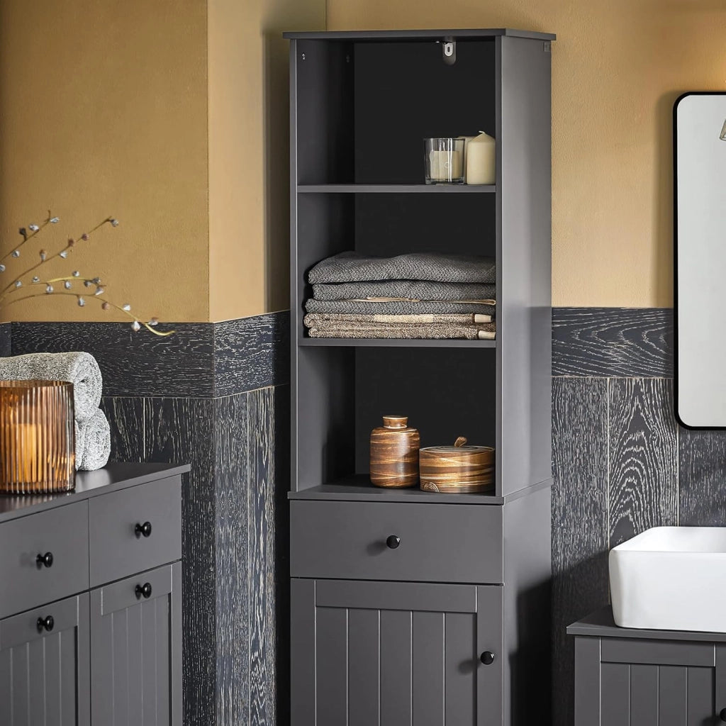 Mobile Bagno Salvaspazio Colonna Bagno con Armadio e 3 Ripiani Aperti, Armadio Compatto con 1 Cassetto per WC, Camera da Letto, Lavanderia 40x161x35 cm BZR17-DG