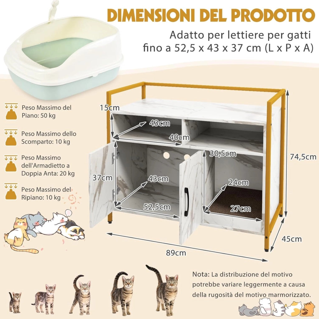 Mobile per Lettiera Gatti con Ripiani Aperti e Ripiani Chiusi con Maniglie, Mobiletto Multiuso in Legno e Metallo, Ideale per Ingresso e Soggiorno, Portata 50 kg (Bianco+Nero)