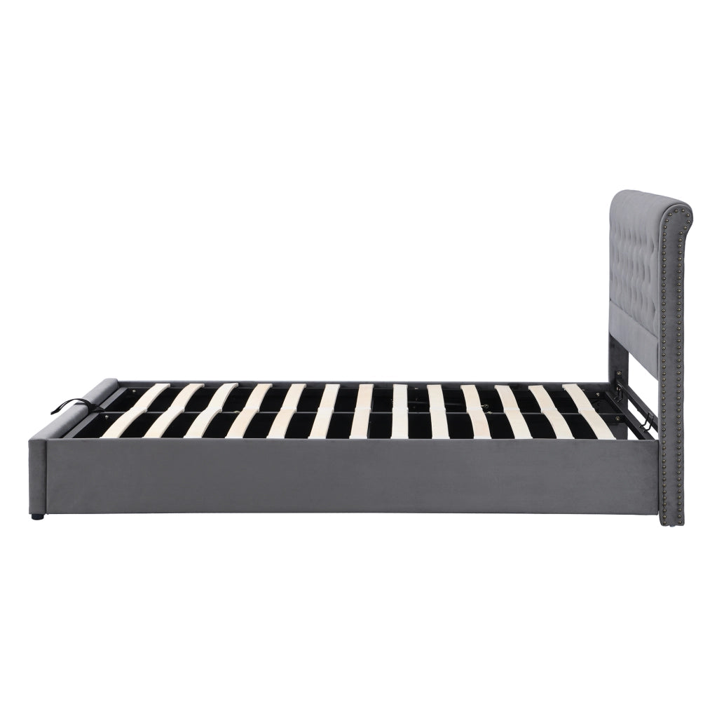 Letto contenitore 140x190 cm in velluto grigio con rete a doghe; senza materasso