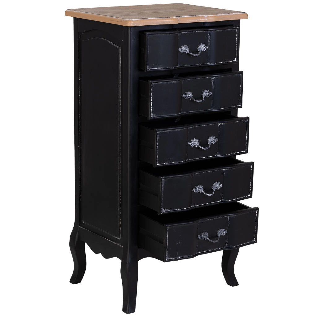 Comò in legno laccato nero invecchiato con 5 cassetti 50x40x98h cm